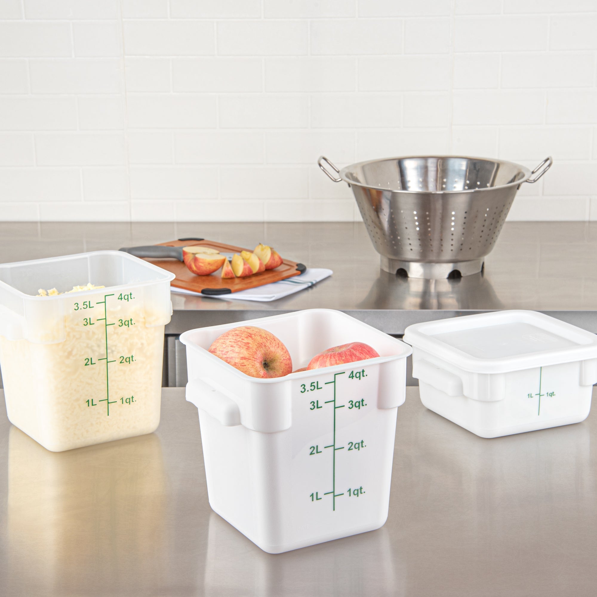 Met Lux 4 qt Square White Plastic Food Storage Container - with Green Volume Markers - 7" x 7" x 7 1/2" - 10 count box