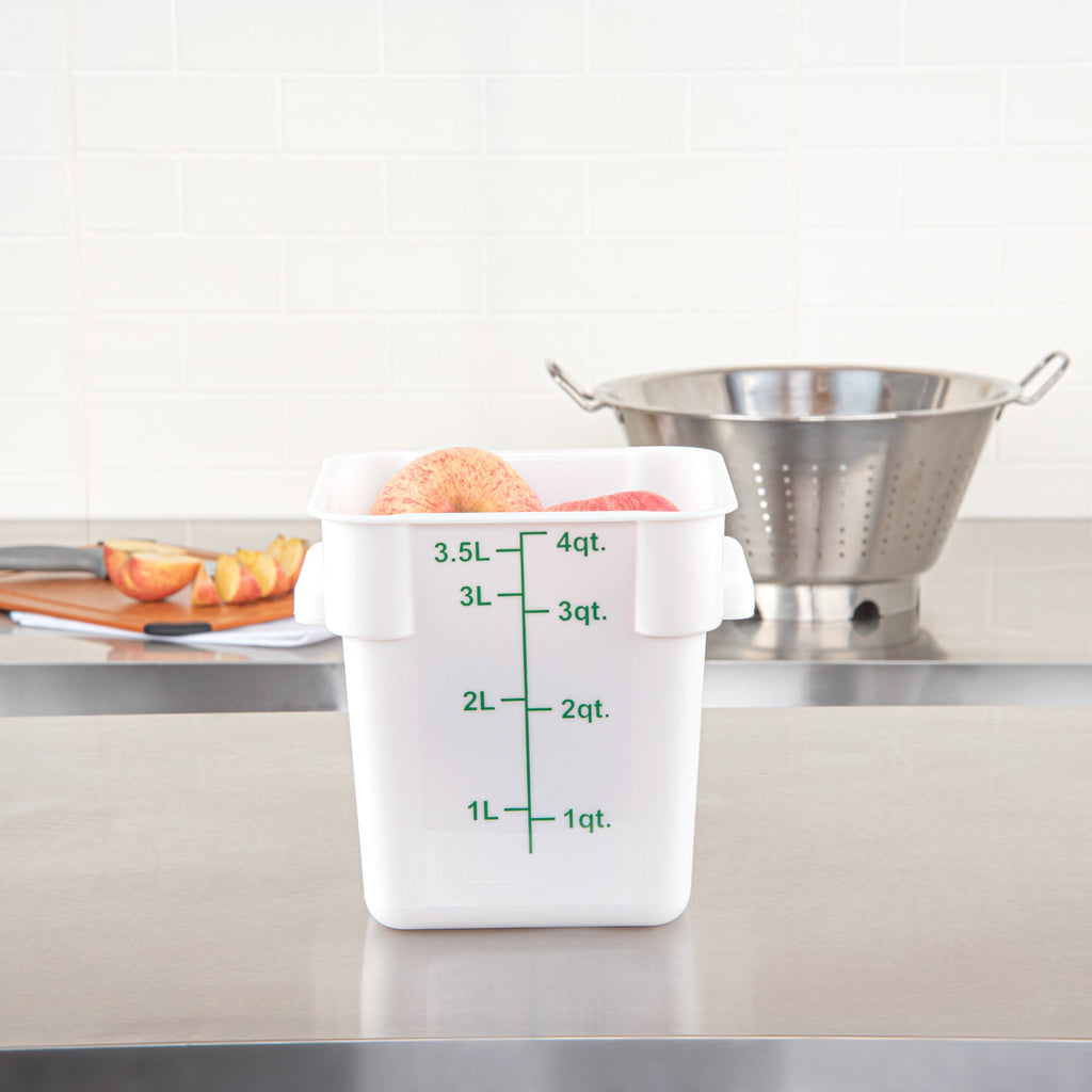 Met Lux 4 qt Square White Plastic Food Storage Container - with Green Volume Markers - 7" x 7" x 7 1/2" - 10 count box