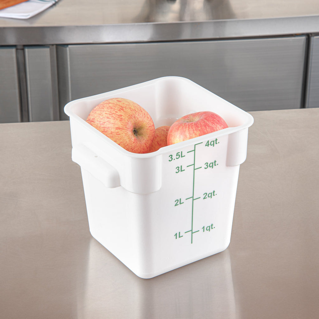 Met Lux 4 qt Square White Plastic Food Storage Container - with Green Volume Markers - 7" x 7" x 7 1/2" - 10 count box