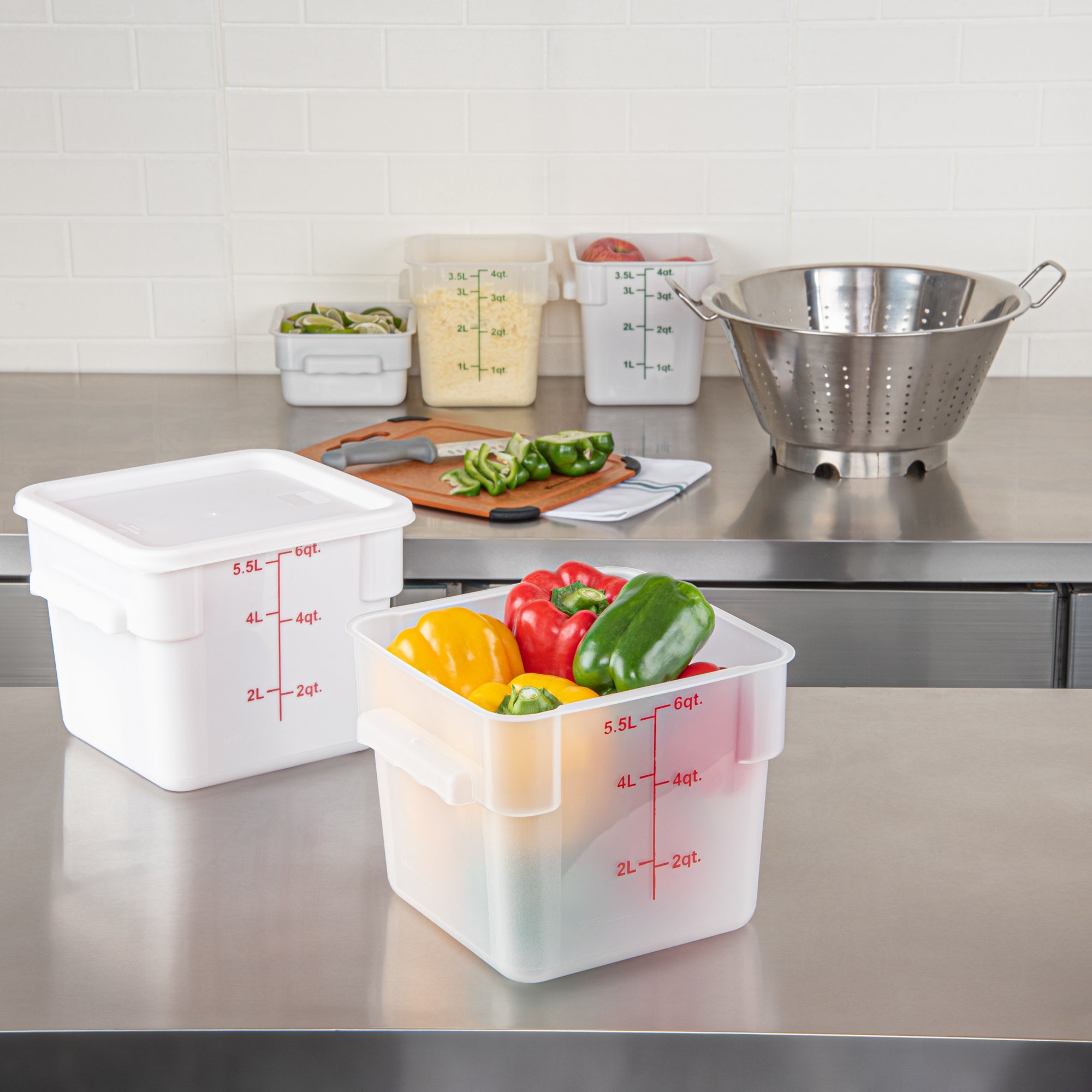 Met Lux 6 qt Square Translucent Plastic Food Storage Container - with Red Volume Markers - 9" x 9" x 7 1/2" - 10 count box