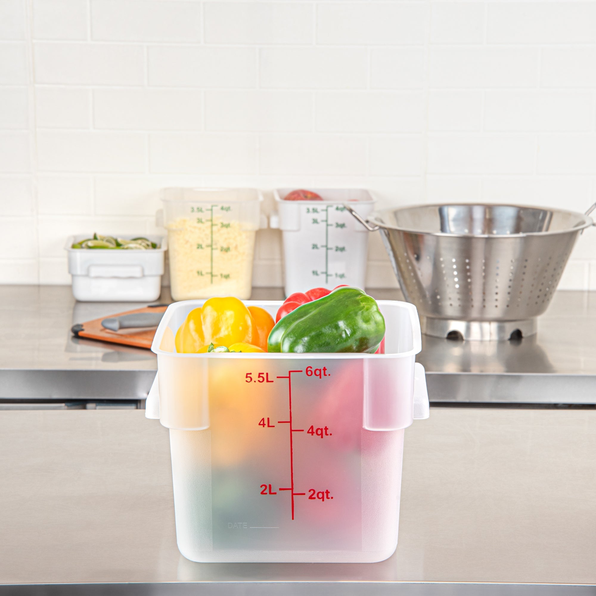 Met Lux 6 qt Square Translucent Plastic Food Storage Container - with Red Volume Markers - 9" x 9" x 7 1/2" - 10 count box