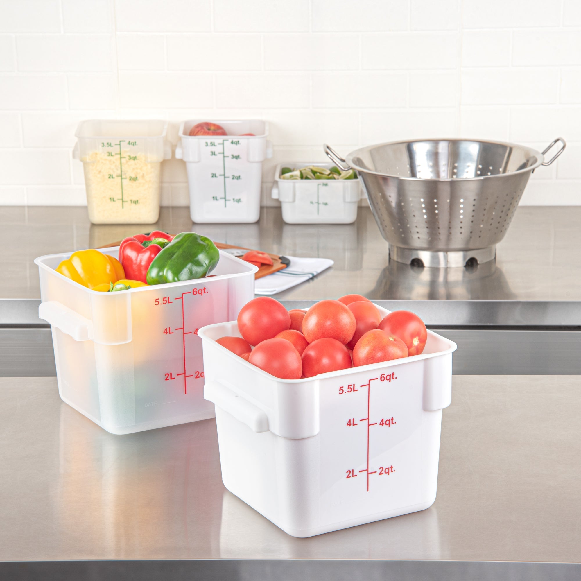 Met Lux 6 qt Square White Plastic Food Storage Container - with Red Volume Markers - 9" x 9" x 7 1/2" - 1 count box