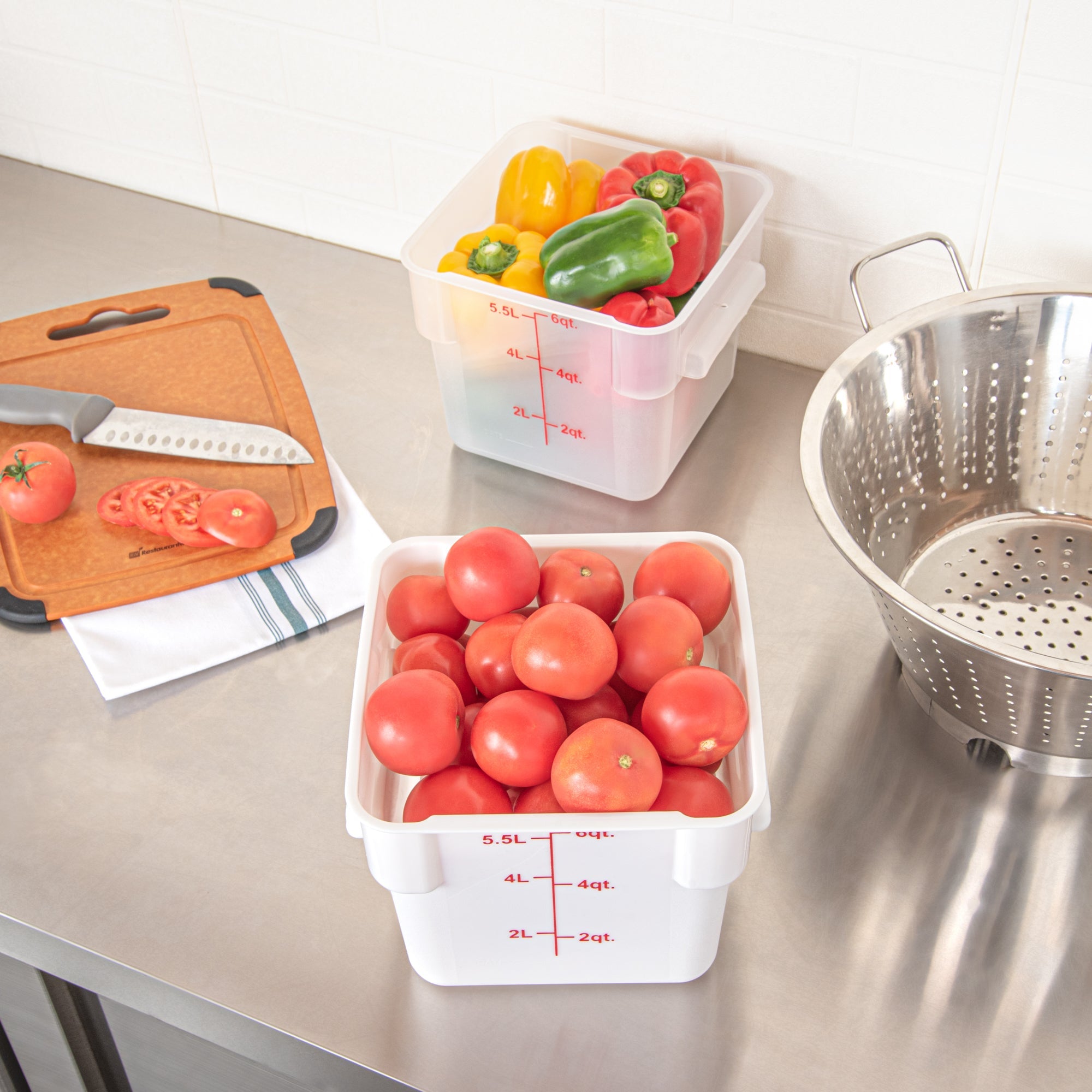 Met Lux 6 qt Square White Plastic Food Storage Container - with Red Volume Markers - 9" x 9" x 7 1/2" - 1 count box