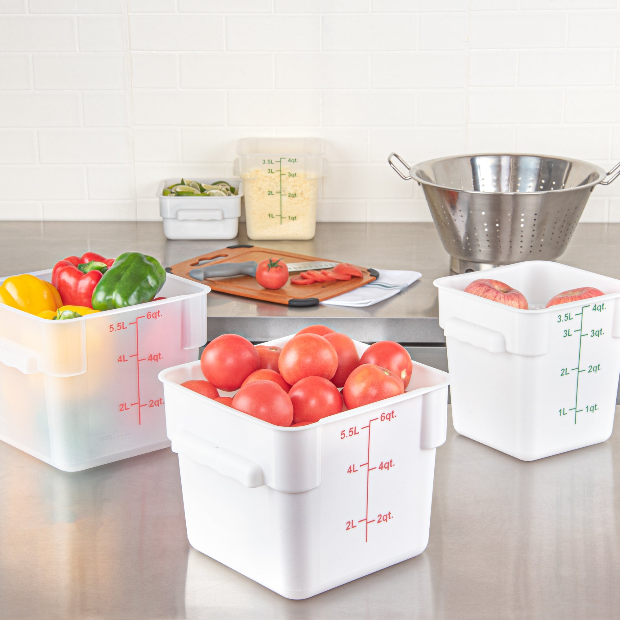 Met Lux 6 qt Square White Plastic Food Storage Container - with Red Volume Markers - 9" x 9" x 7 1/2" - 10 count box