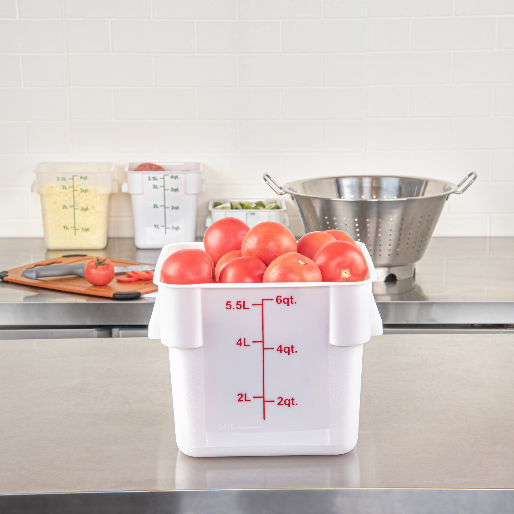 Met Lux 6 qt Square White Plastic Food Storage Container - with Red Volume Markers - 9" x 9" x 7 1/2" - 10 count box