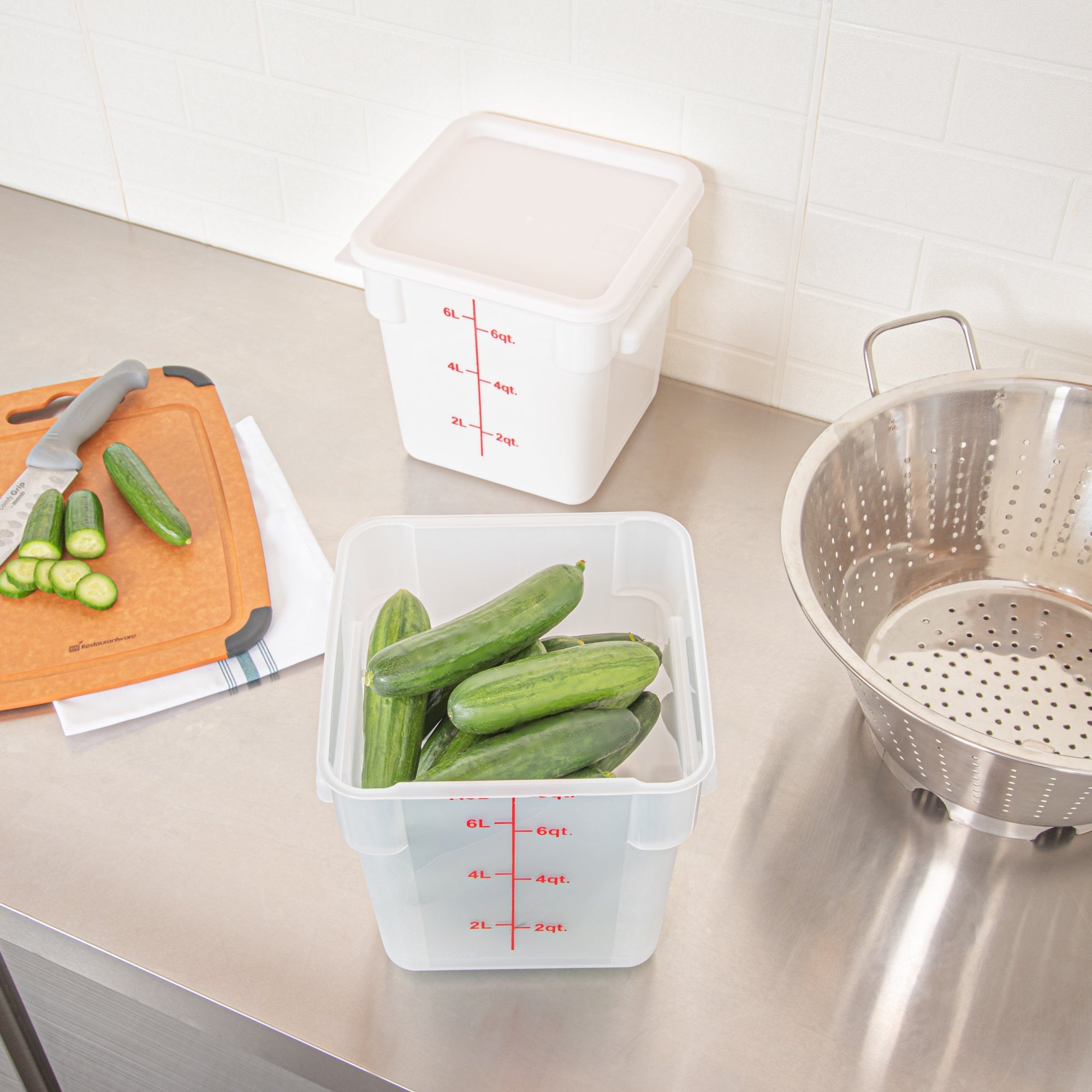 Met Lux 8 qt Square Translucent Plastic Food Storage Container - with Red Volume Markers - 8 3/4" x 8 3/4" x 8 1/2" - 10 count box