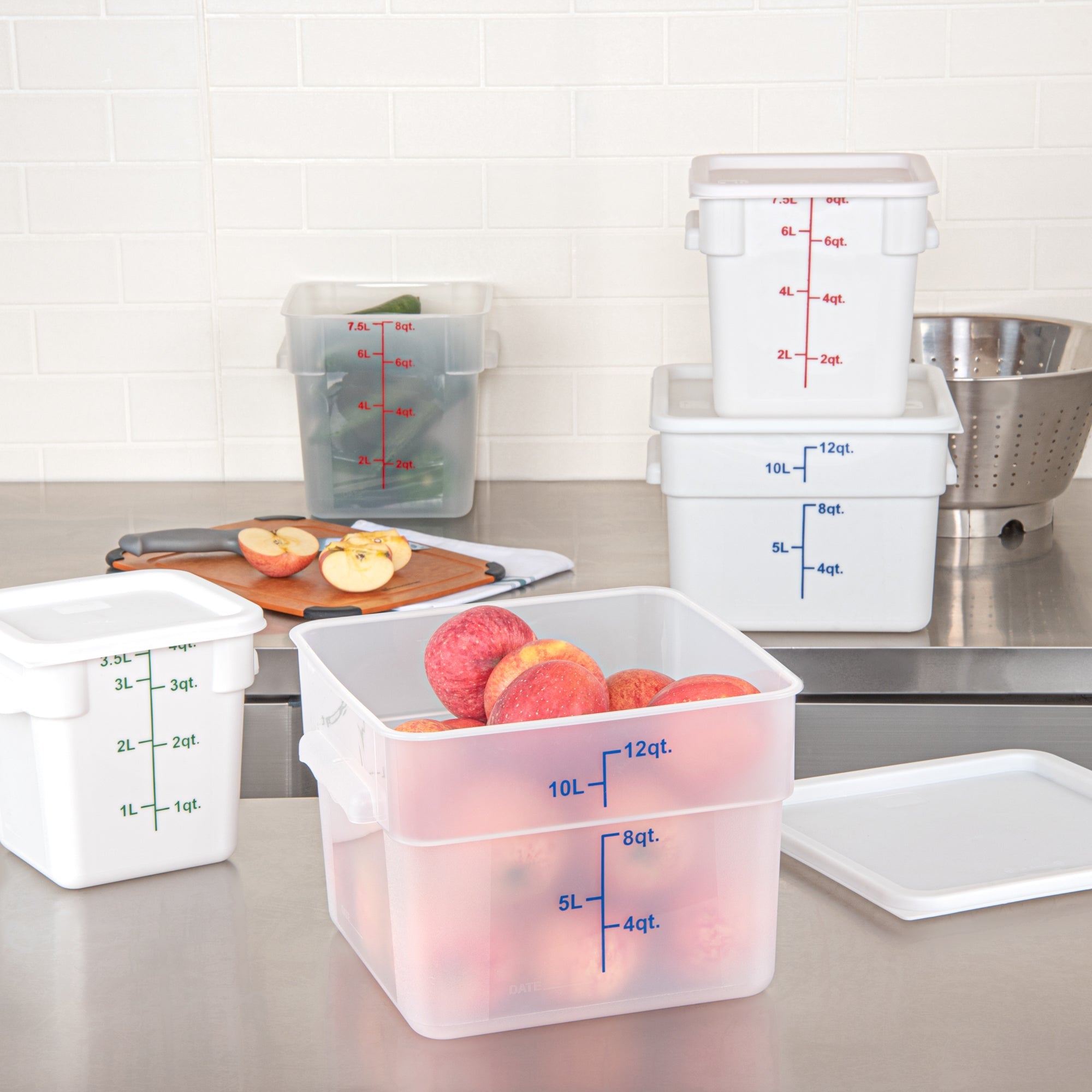 Met Lux 12 qt Square Translucent Plastic Food Storage Container - with Blue Volume Markers - 11" x 11" x 8" - 10 count box