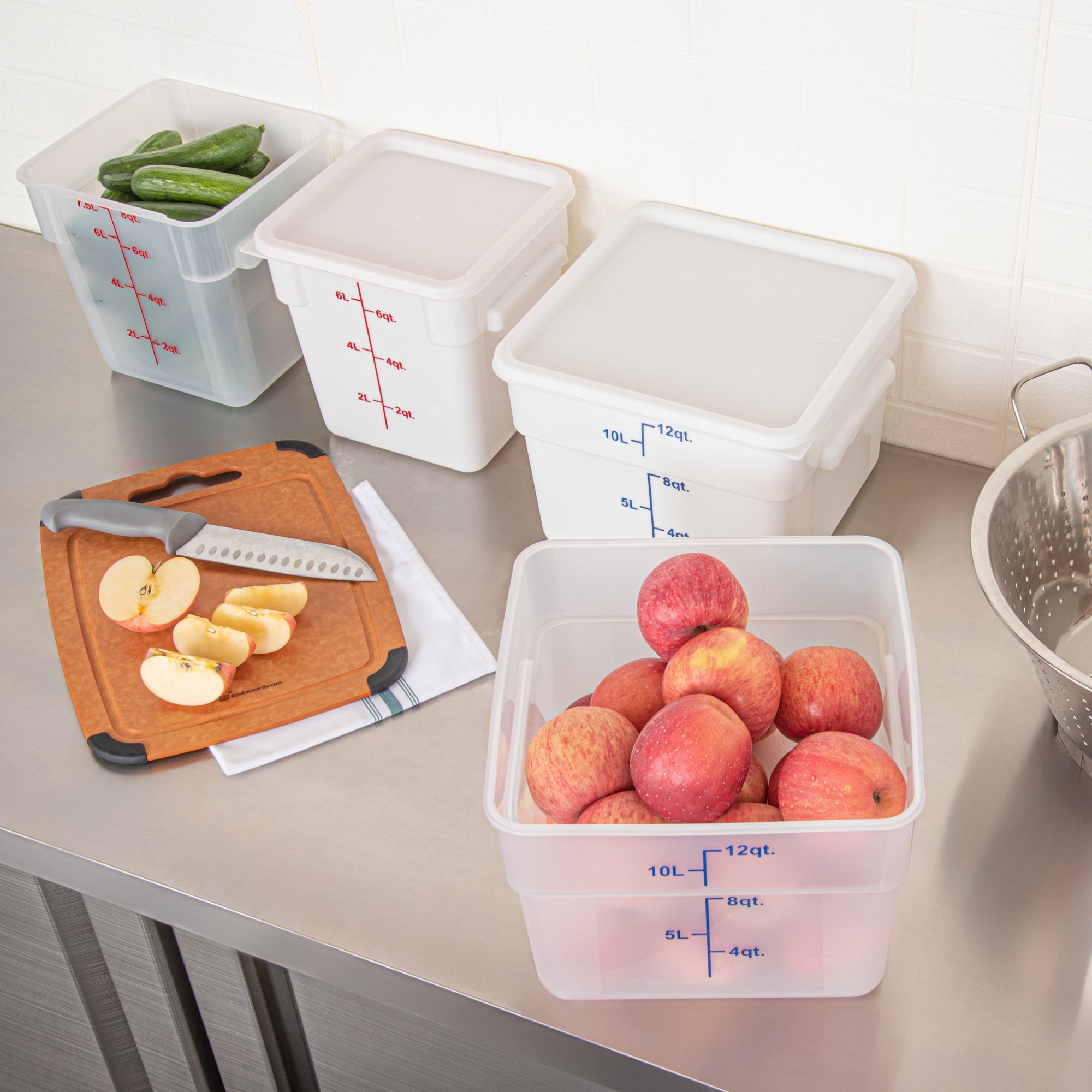 Met Lux 12 qt Square Translucent Plastic Food Storage Container - with Blue Volume Markers - 11" x 11" x 8" - 10 count box