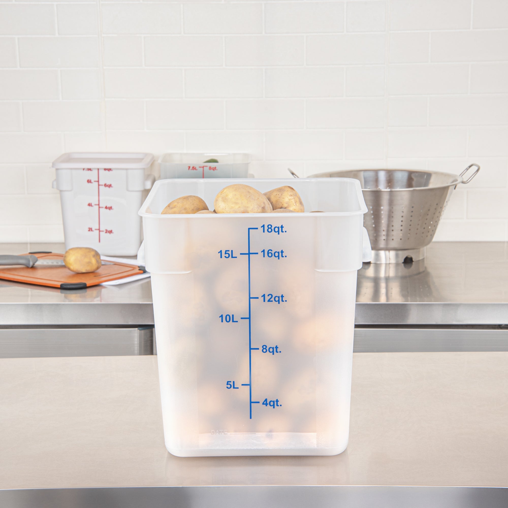 Met Lux 18 qt Square Translucent Plastic Food Storage Container - with Blue Volume Markers - 11" x 11" x 12 1/2" - 1 count box