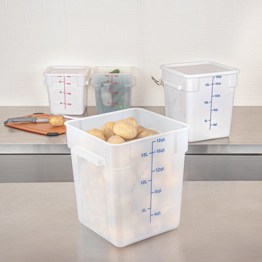 Met Lux 18 qt Square Translucent Plastic Food Storage Container - with Blue Volume Markers - 11" x 11" x 12 1/2" - 10 count box