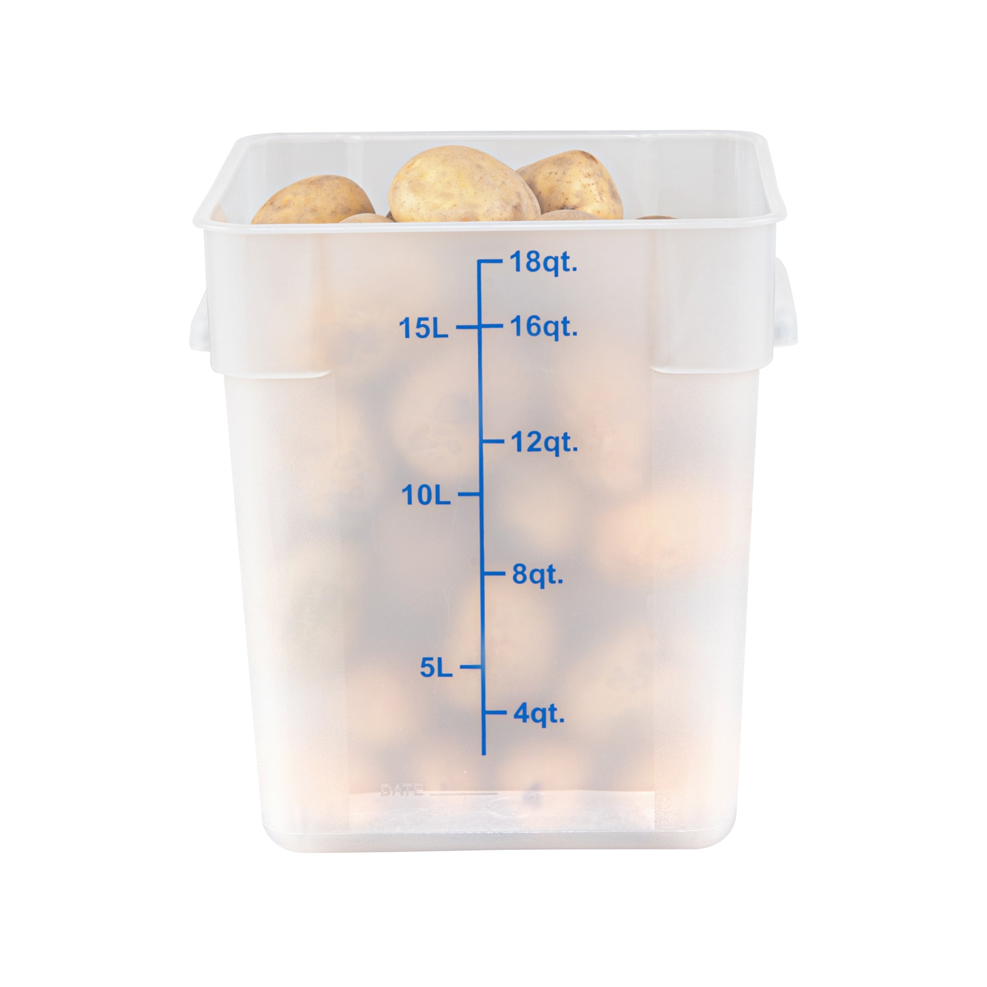Met Lux 18 qt Square Translucent Plastic Food Storage Container - with Blue Volume Markers - 11" x 11" x 12 1/2" - 10 count box