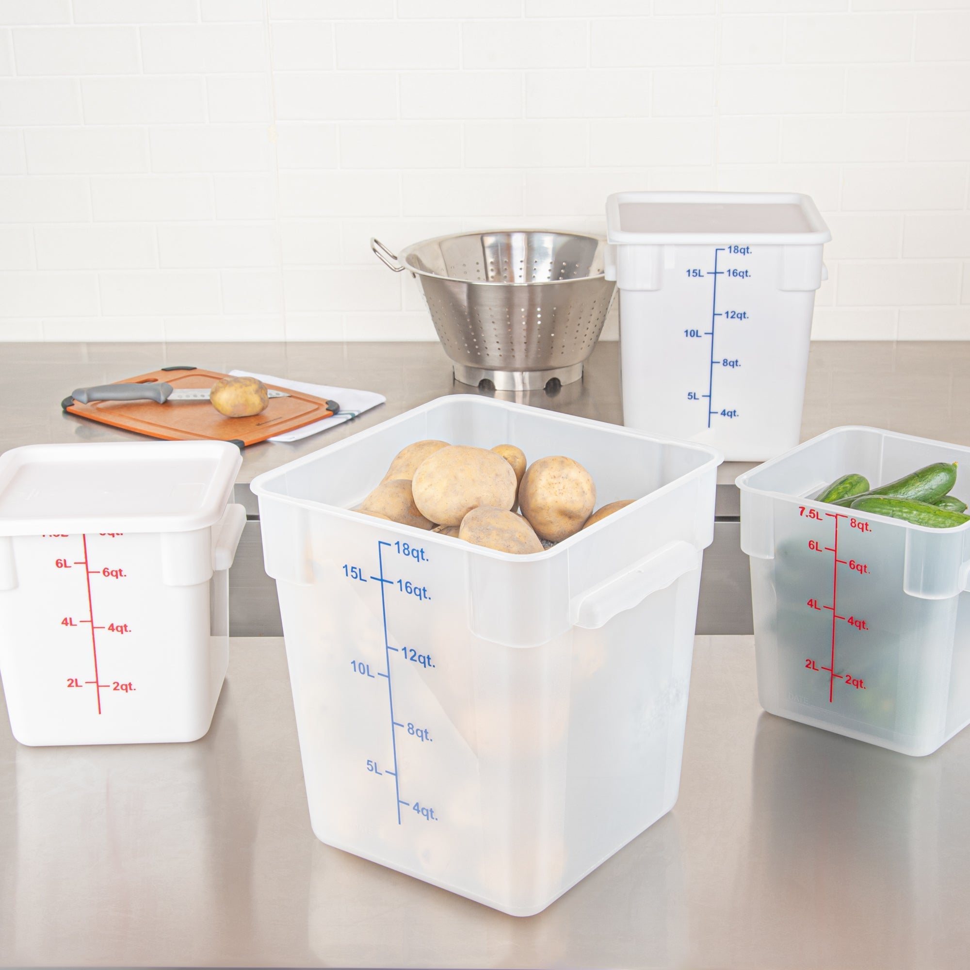 Met Lux 18 qt Square Translucent Plastic Food Storage Container - with Blue Volume Markers - 11" x 11" x 12 1/2" - 10 count box