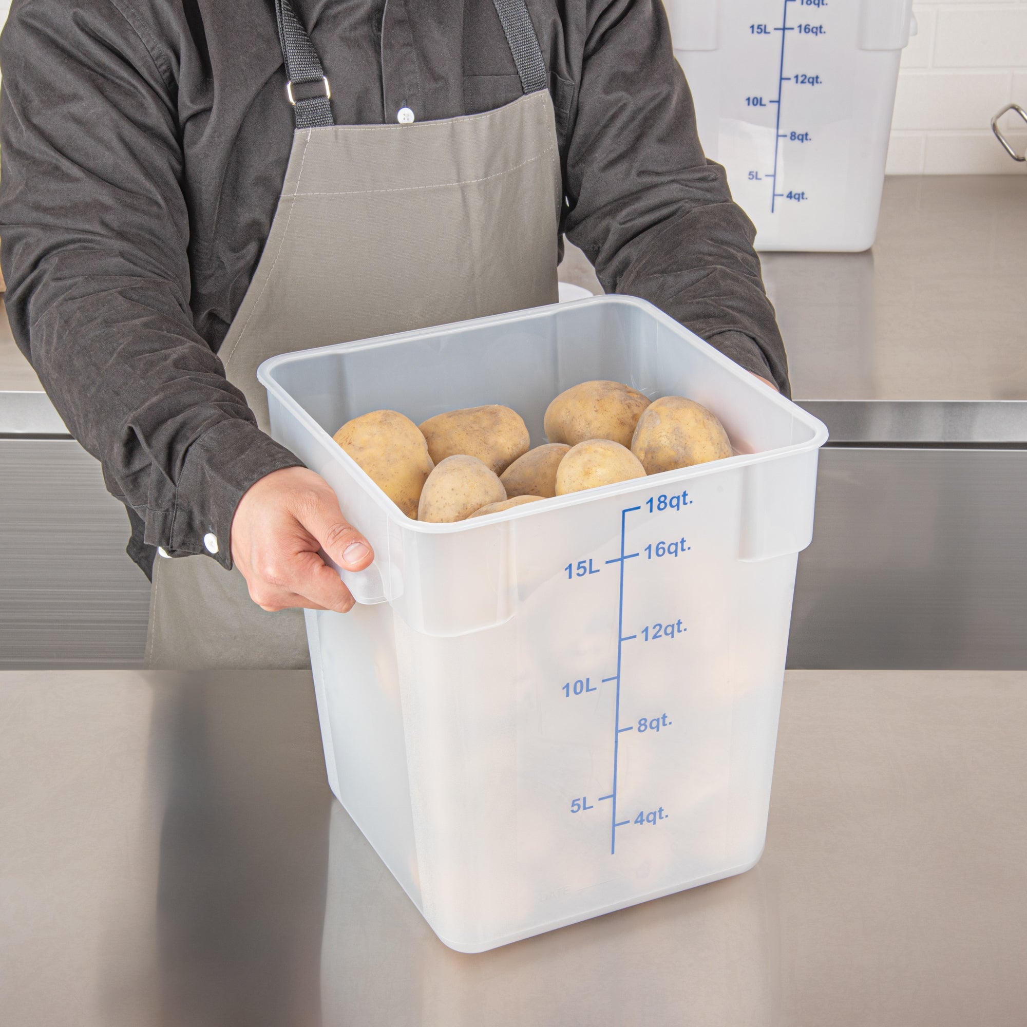 Met Lux 18 qt Square Translucent Plastic Food Storage Container - with Blue Volume Markers - 11" x 11" x 12 1/2" - 10 count box