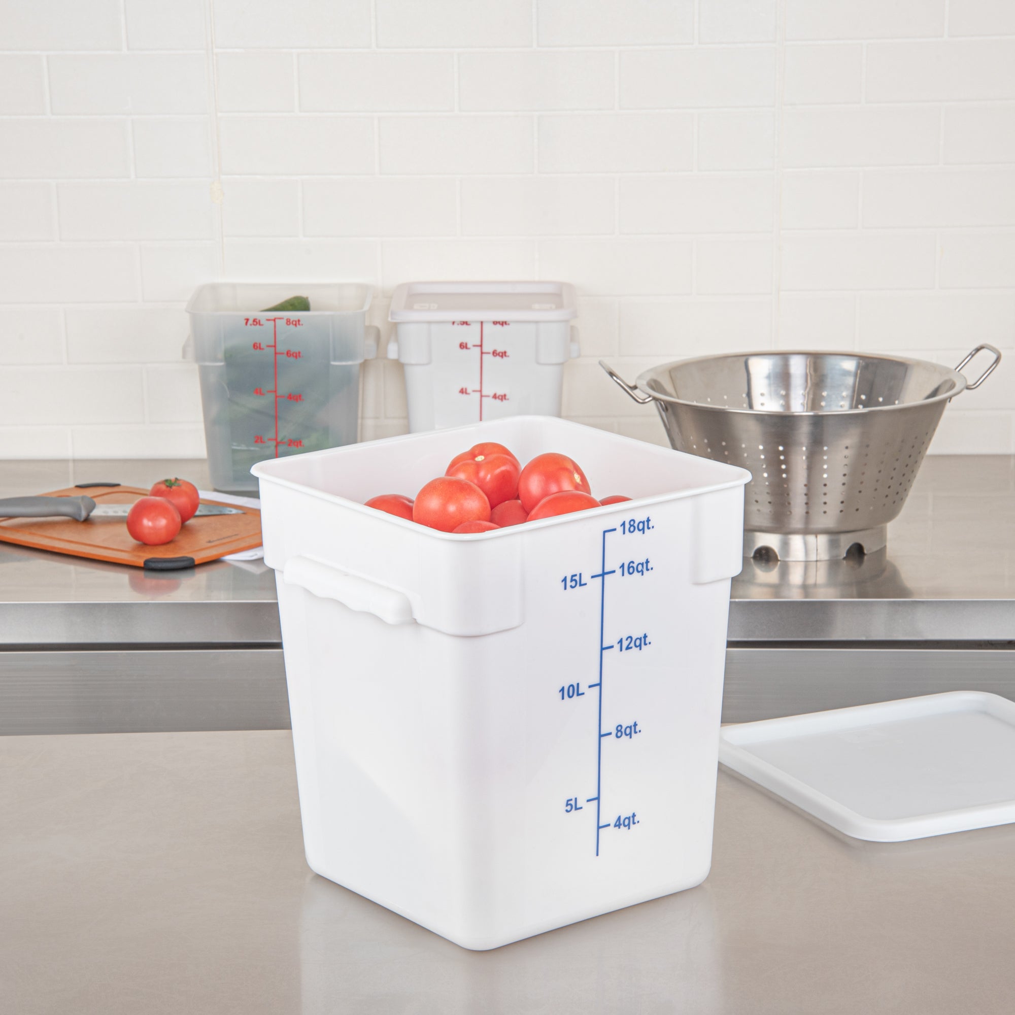 Met Lux 18 qt Square White Plastic Food Storage Container - with Blue Volume Markers - 11" x 11" x 12 1/2" - 1 count box