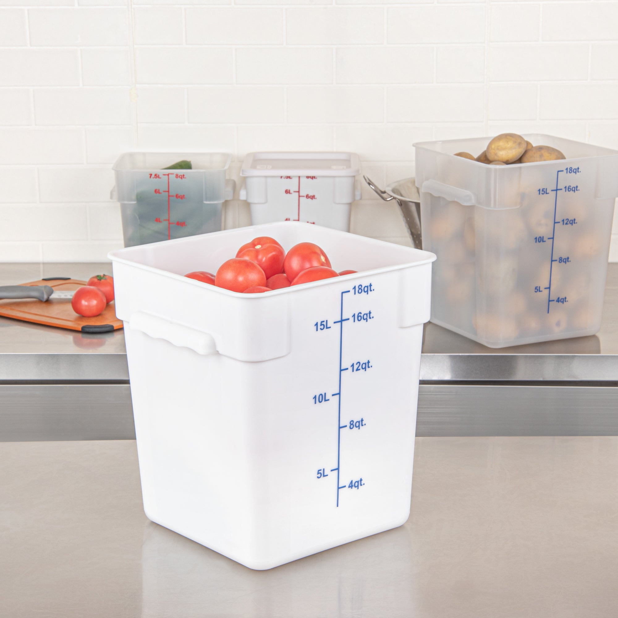Met Lux 18 qt Square White Plastic Food Storage Container - with Blue Volume Markers - 11" x 11" x 12 1/2" - 1 count box