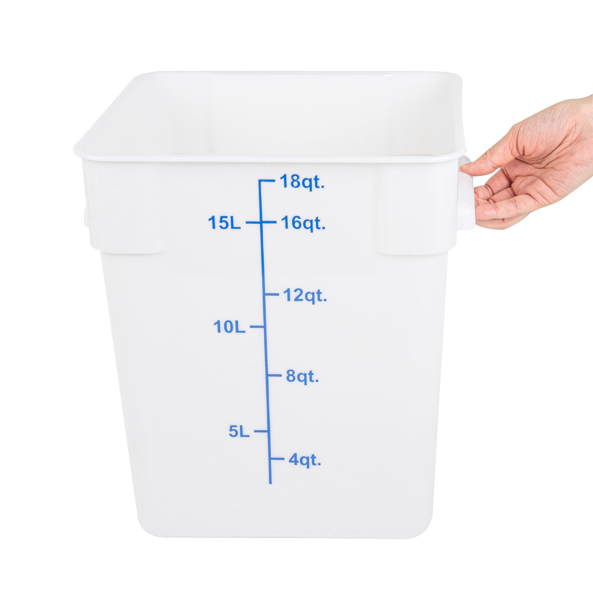 Met Lux 18 qt Square White Plastic Food Storage Container - with Blue Volume Markers - 11" x 11" x 12 1/2" - 10 count box