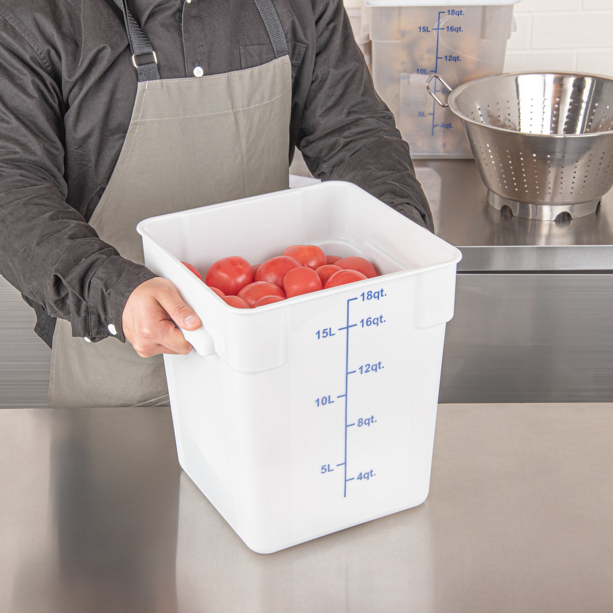 Met Lux 18 qt Square White Plastic Food Storage Container - with Blue Volume Markers - 11" x 11" x 12 1/2" - 10 count box