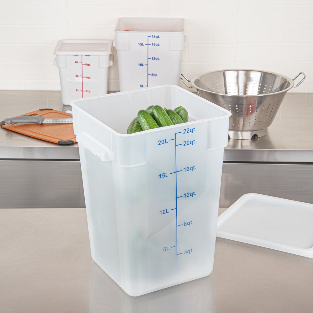 Met Lux 22 qt Square Translucent Plastic Food Storage Container - with Blue Volume Markers - 11" x 11" x 15 1/2" - 1 count box