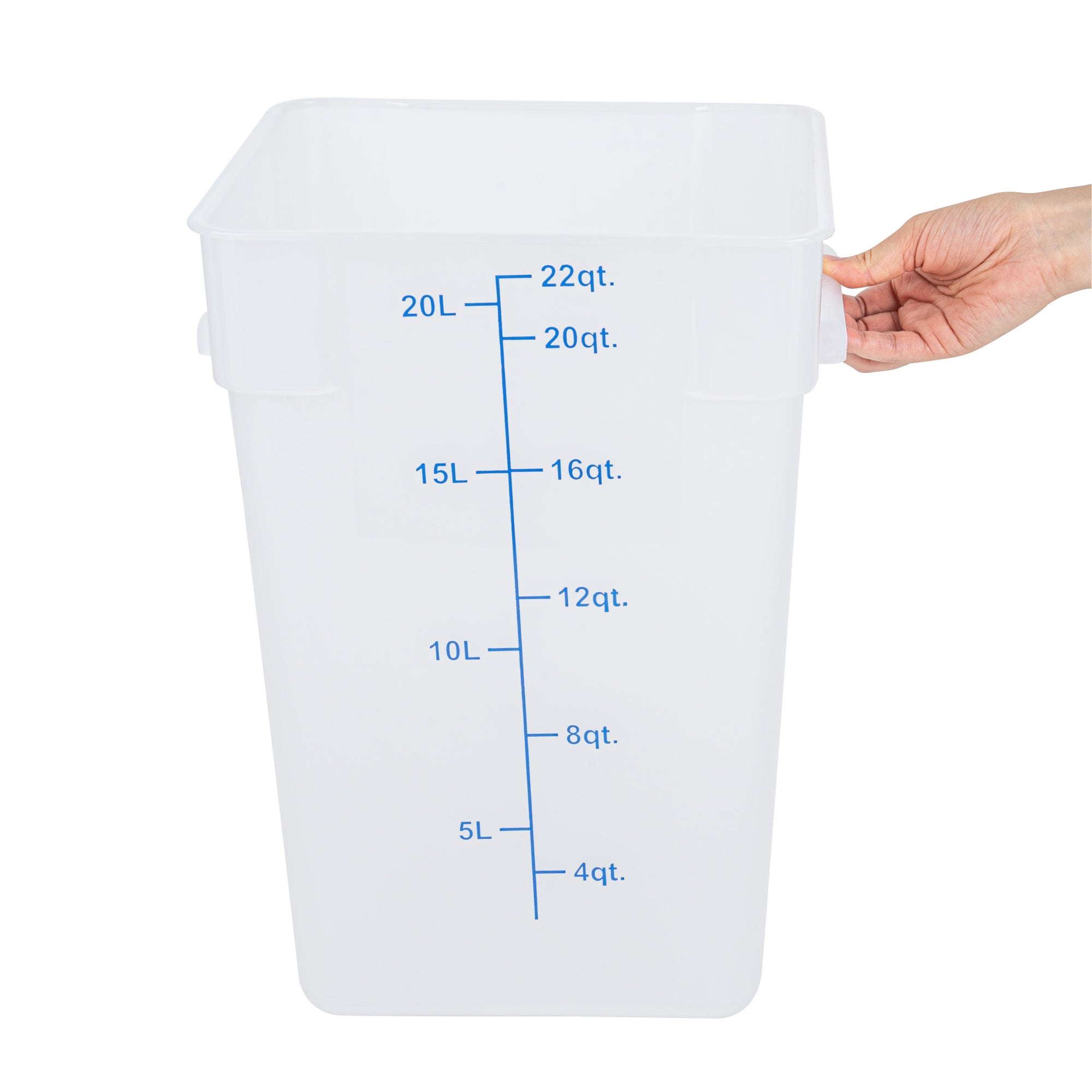 Met Lux 22 qt Square Translucent Plastic Food Storage Container - with Blue Volume Markers - 11" x 11" x 15 1/2" - 1 count box