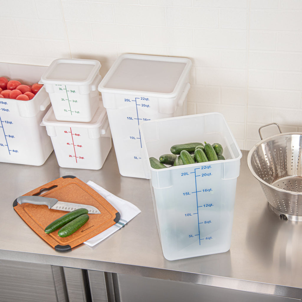 Met Lux 22 qt Square Translucent Plastic Food Storage Container - with Blue Volume Markers - 11" x 11" x 15 1/2" - 1 count box