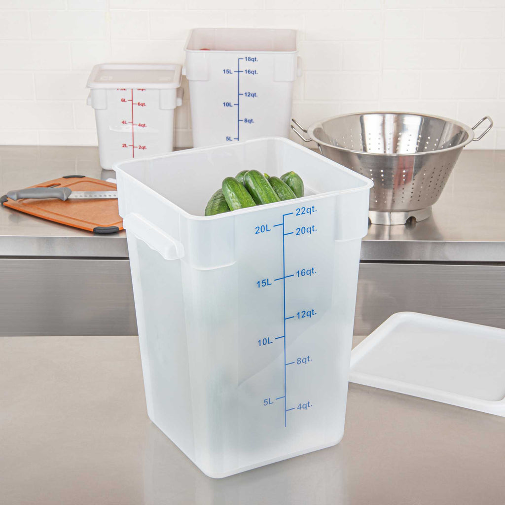 Met Lux 22 qt Square Translucent Plastic Food Storage Container - with Blue Volume Markers - 11" x 11" x 15 1/2" - 10 count box