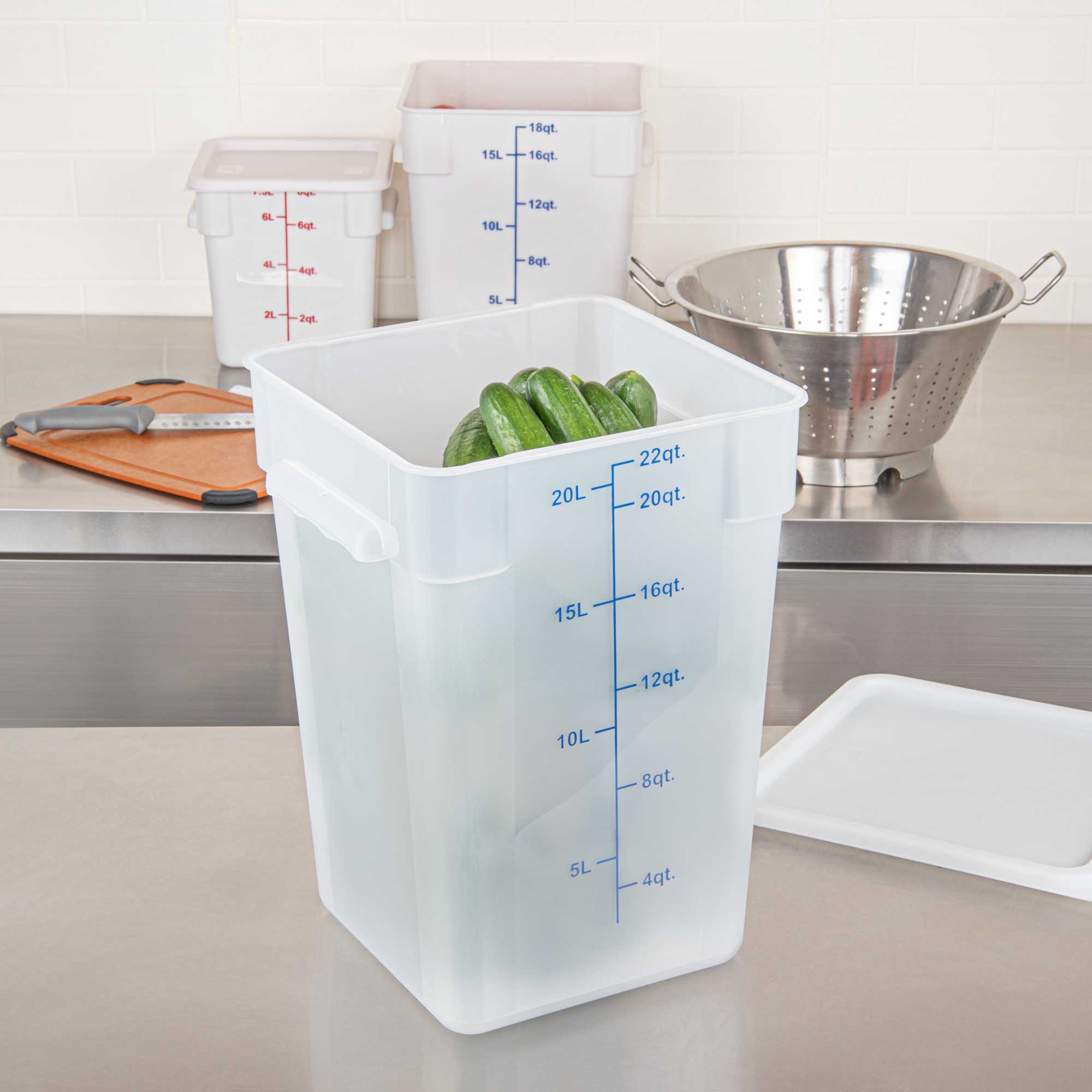 Met Lux 22 qt Square Translucent Plastic Food Storage Container - with Blue Volume Markers - 11" x 11" x 15 1/2" - 10 count box