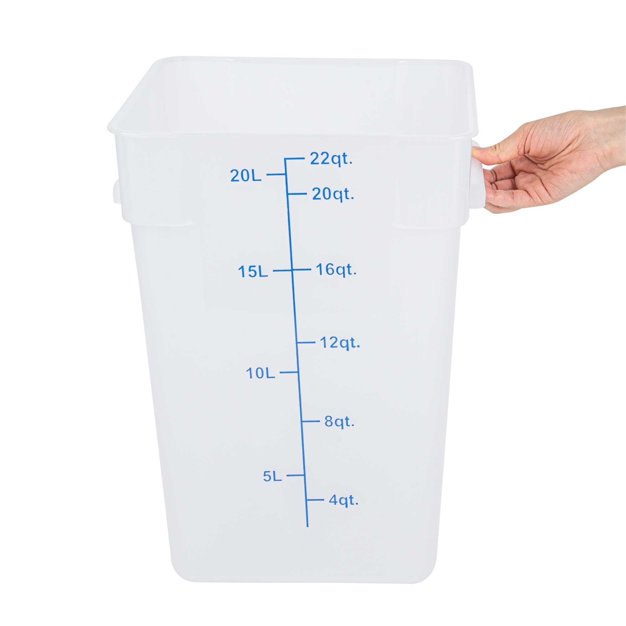 Met Lux 22 qt Square Translucent Plastic Food Storage Container - with Blue Volume Markers - 11" x 11" x 15 1/2" - 10 count box