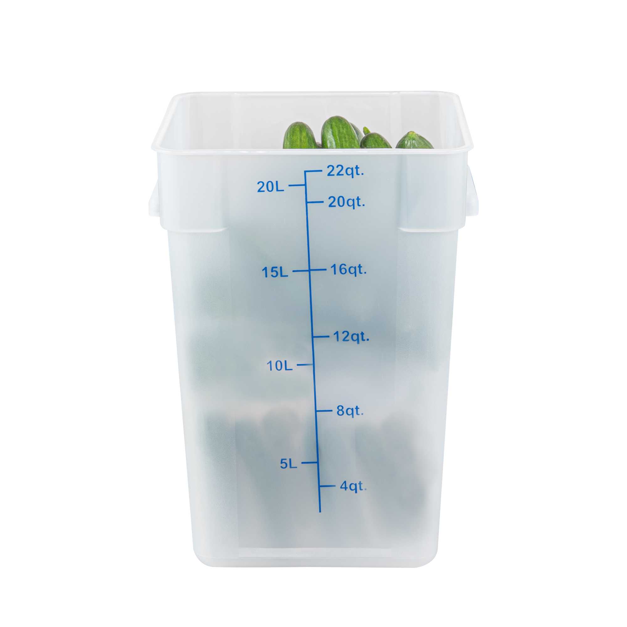 Met Lux 22 qt Square Translucent Plastic Food Storage Container - with Blue Volume Markers - 11" x 11" x 15 1/2" - 10 count box