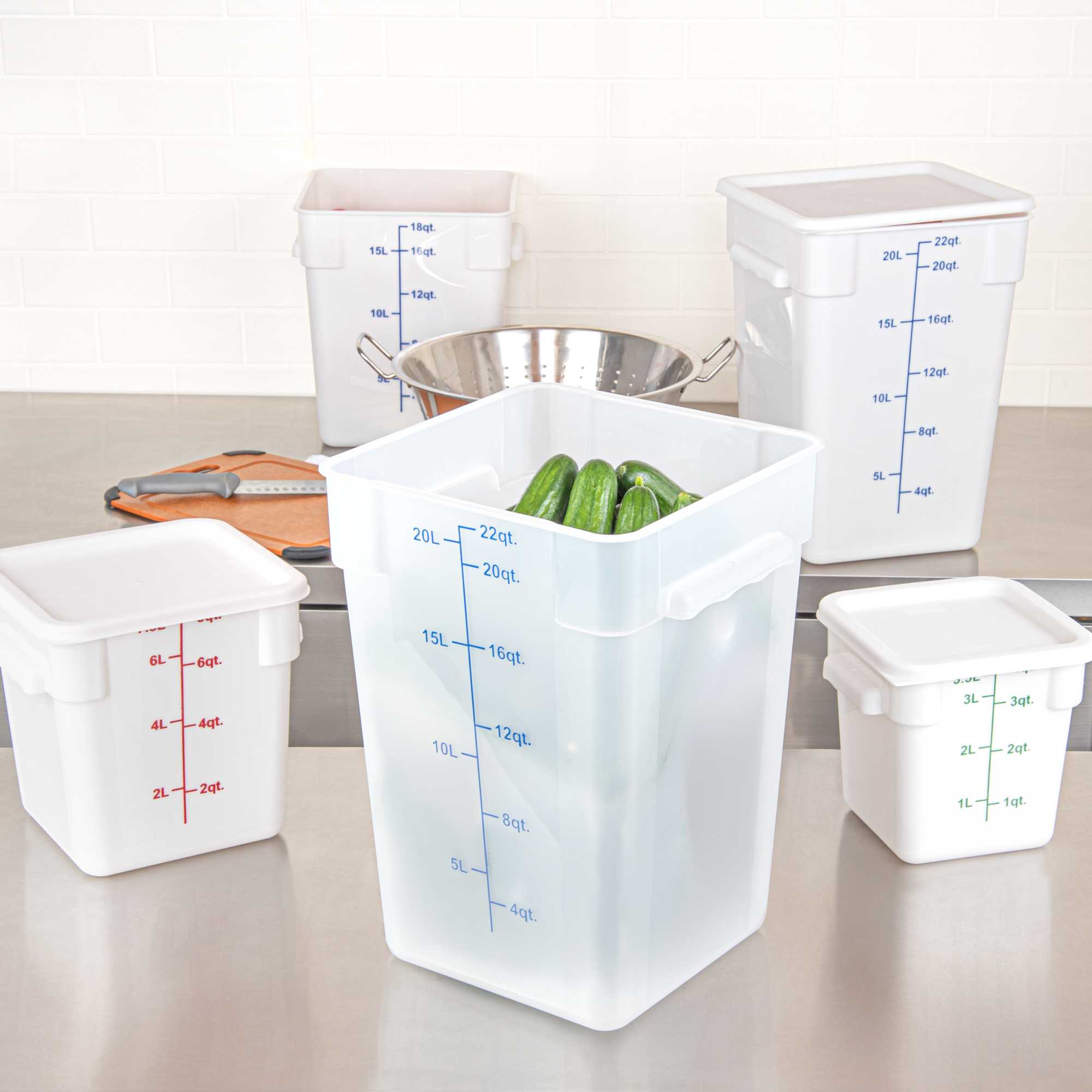 Met Lux 22 qt Square Translucent Plastic Food Storage Container - with Blue Volume Markers - 11" x 11" x 15 1/2" - 10 count box