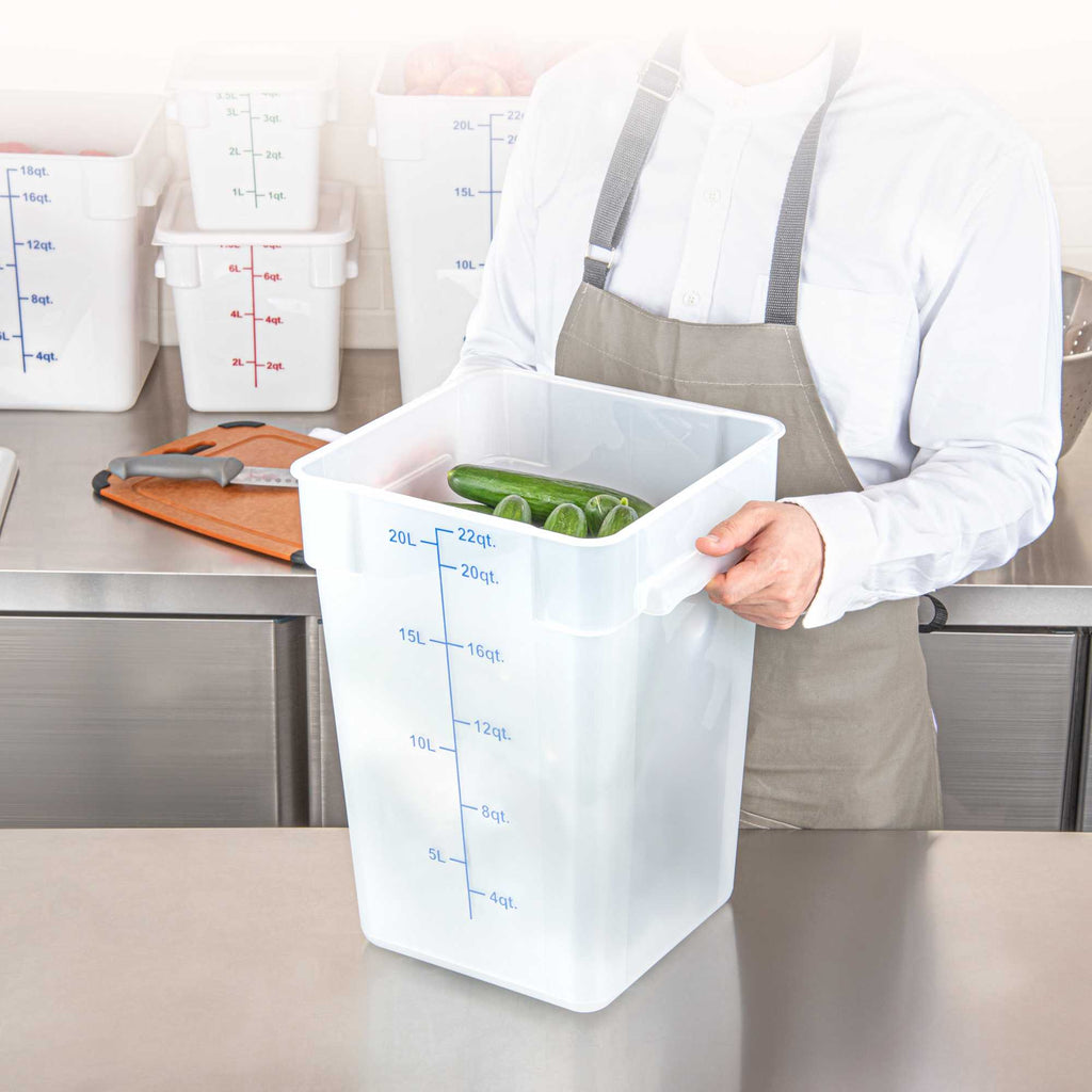 Met Lux 22 qt Square Translucent Plastic Food Storage Container - with Blue Volume Markers - 11" x 11" x 15 1/2" - 10 count box