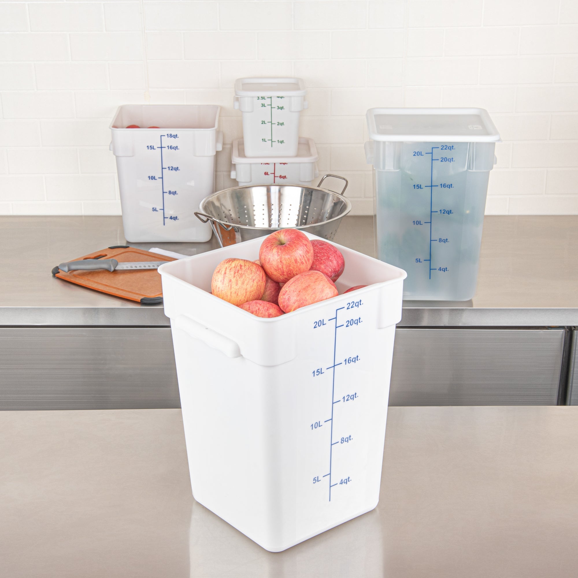 Met Lux 22 qt Square White Plastic Food Storage Container - with Blue Volume Markers - 11" x 11" x 15 1/2" - 10 count box