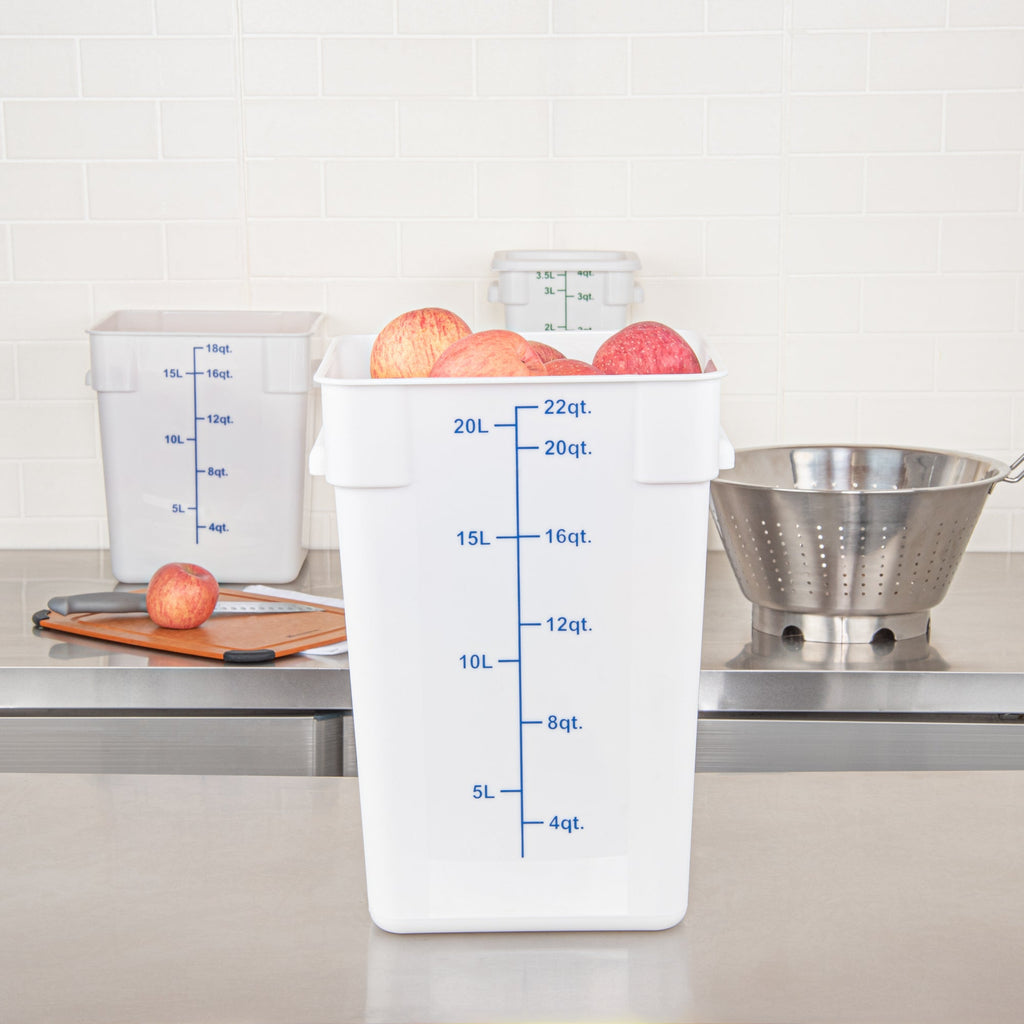 Met Lux 22 qt Square White Plastic Food Storage Container - with Blue Volume Markers - 11" x 11" x 15 1/2" - 10 count box