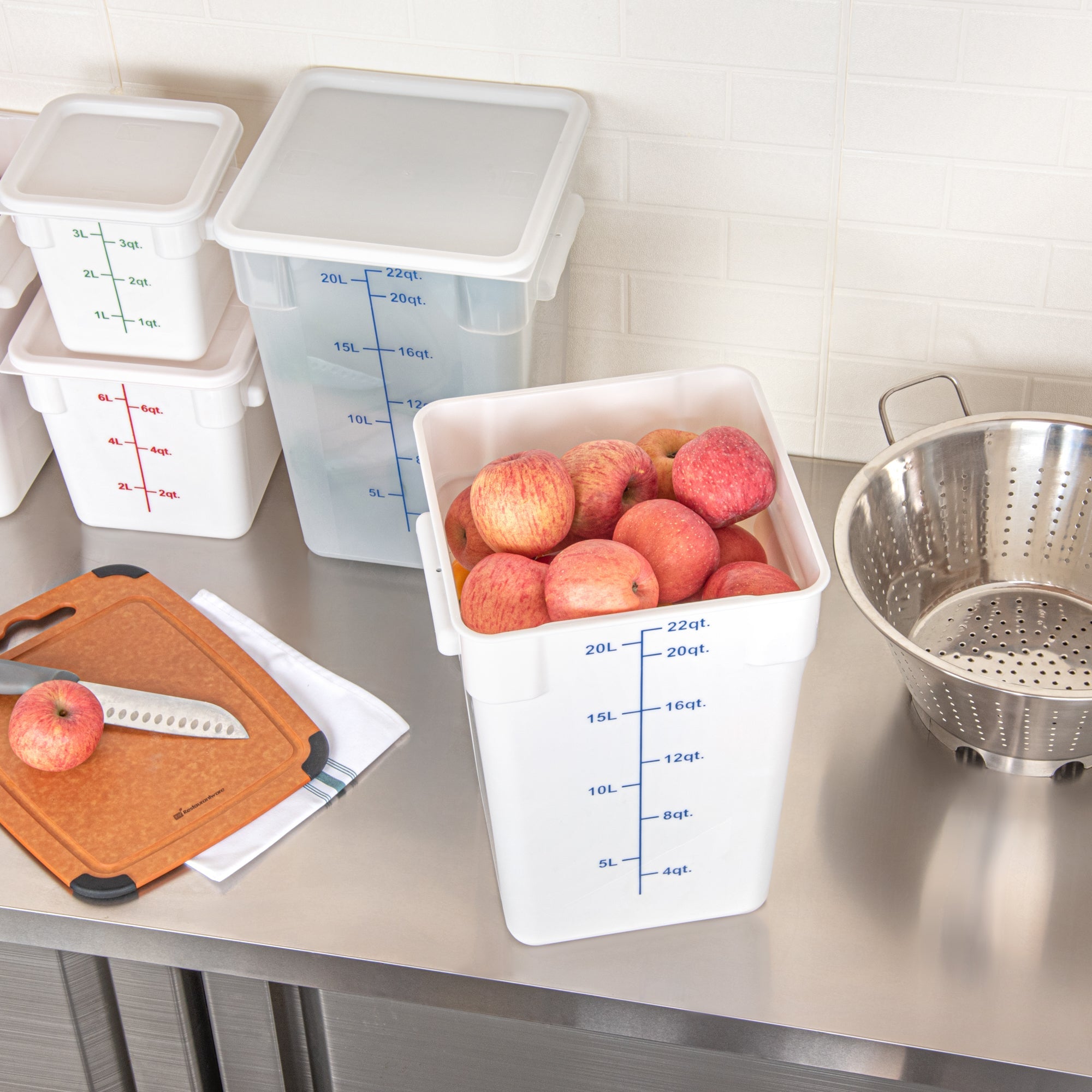 Met Lux 22 qt Square White Plastic Food Storage Container - with Blue Volume Markers - 11" x 11" x 15 1/2" - 10 count box