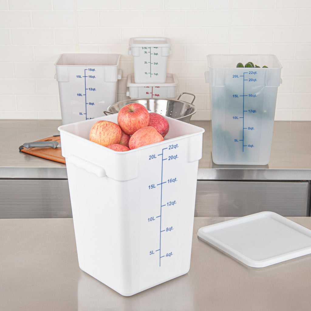 Met Lux 22 qt Square White Plastic Food Storage Container - with Blue Volume Markers - 11" x 11" x 15 1/2" - 10 count box