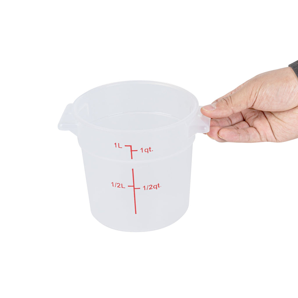 Met Lux 1 qt Round Translucent Plastic Food Storage Container - with Red Volume Markers - 5" x 5" x 5" - 1 count box