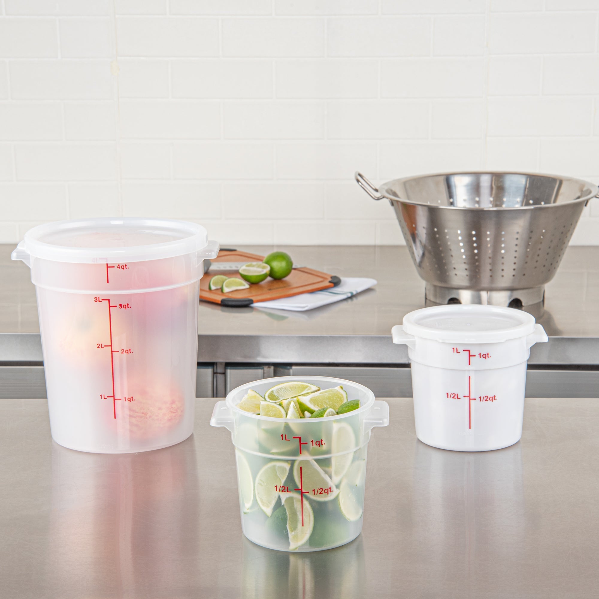 Met Lux 1 qt Round Translucent Plastic Food Storage Container - with Red Volume Markers - 5" x 5" x 5" - 10 count box