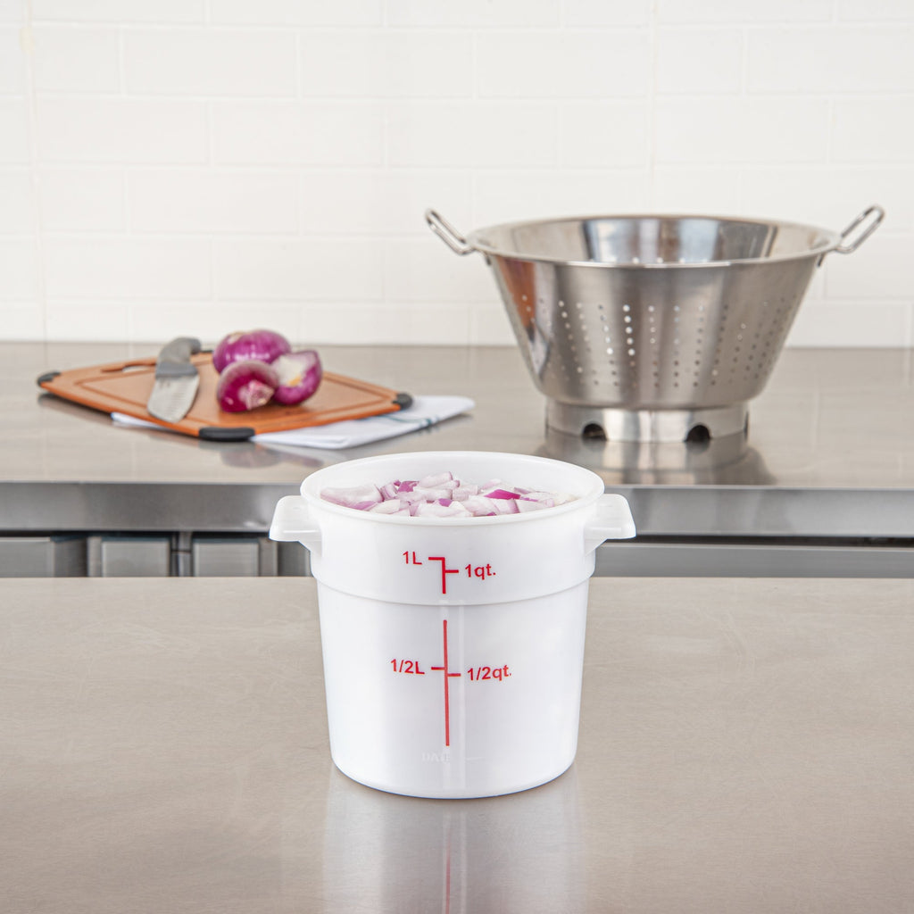 Met Lux 1 qt Round White Plastic Food Storage Container - with Red Volume Markers - 5" x 5" x 5" - 1 count box