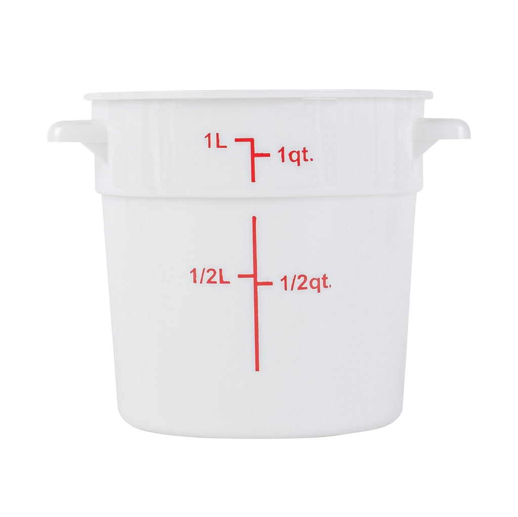 Met Lux 1 qt Round White Plastic Food Storage Container - with Red Volume Markers - 5" x 5" x 5" - 1 count box