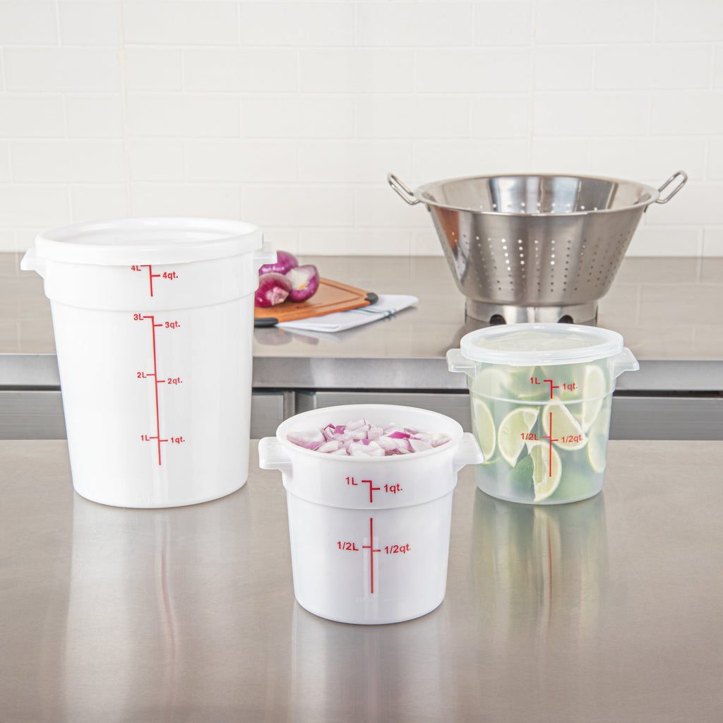 Met Lux 1 qt Round White Plastic Food Storage Container - with Red Volume Markers - 5" x 5" x 5" - 1 count box