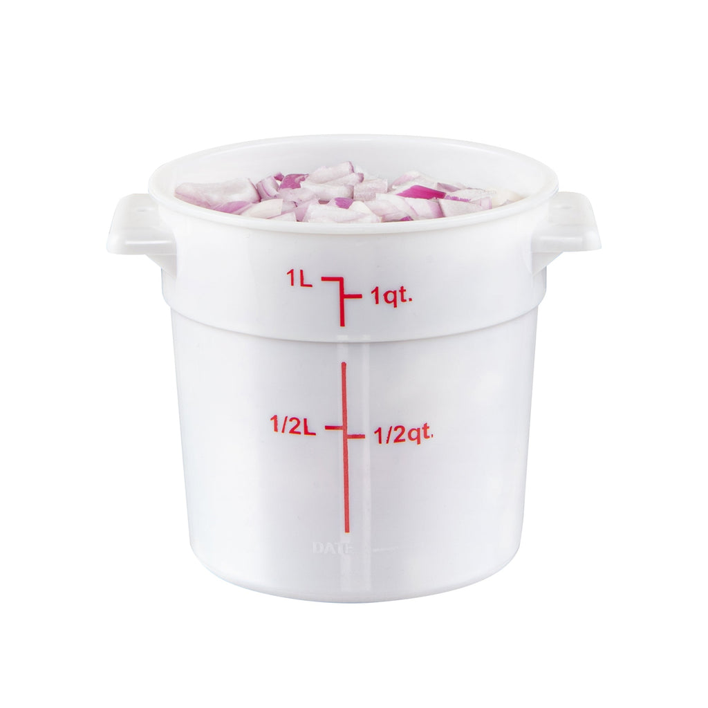 Met Lux 1 qt Round White Plastic Food Storage Container - with Red Volume Markers - 5" x 5" x 5" - 10 count box