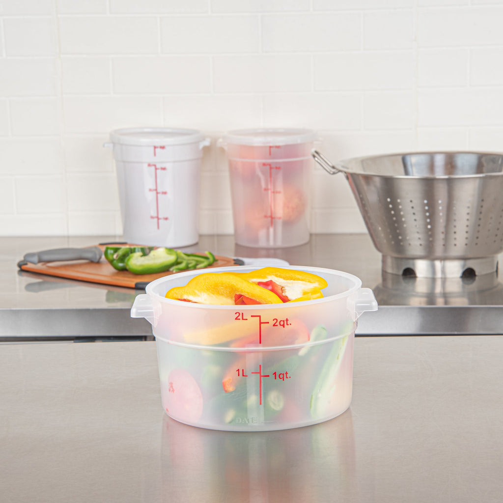 Met Lux 2 qt Round Translucent Plastic Food Storage Container - with Red Volume Markers - 7 1/4" x 7 1/4" x 4 1/4" - 1 count box