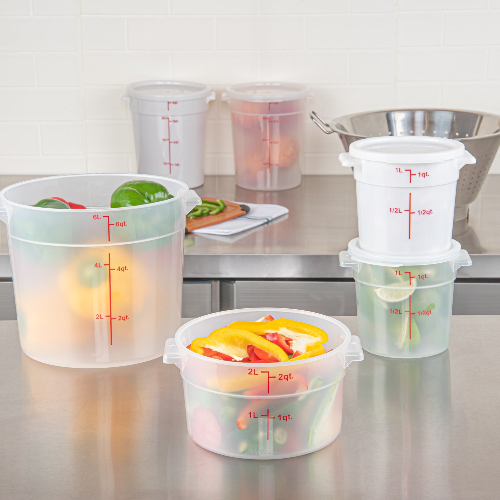 Met Lux 2 qt Round Translucent Plastic Food Storage Container - with Red Volume Markers - 7 1/4" x 7 1/4" x 4 1/4" - 10 count box