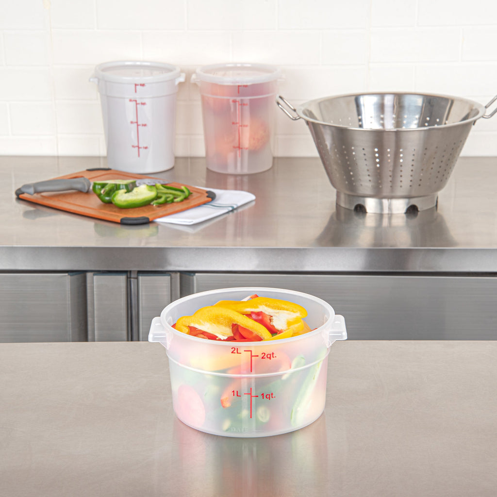 Met Lux 2 qt Round Translucent Plastic Food Storage Container - with Red Volume Markers - 7 1/4" x 7 1/4" x 4 1/4" - 10 count box
