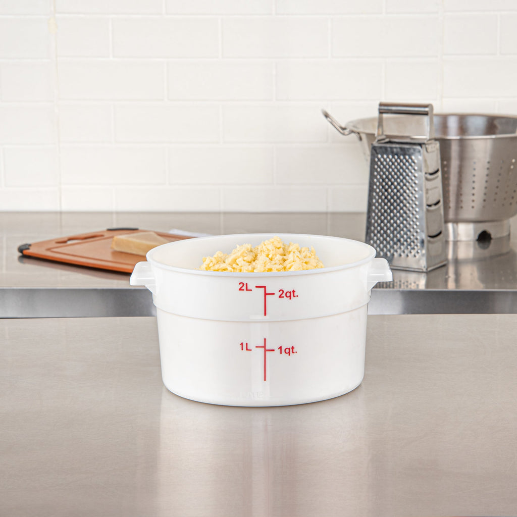 Met Lux 2 qt Round White Plastic Food Storage Container - with Red Volume Markers - 7 1/4" x 7 1/4" x 4 1/4" - 1 count box
