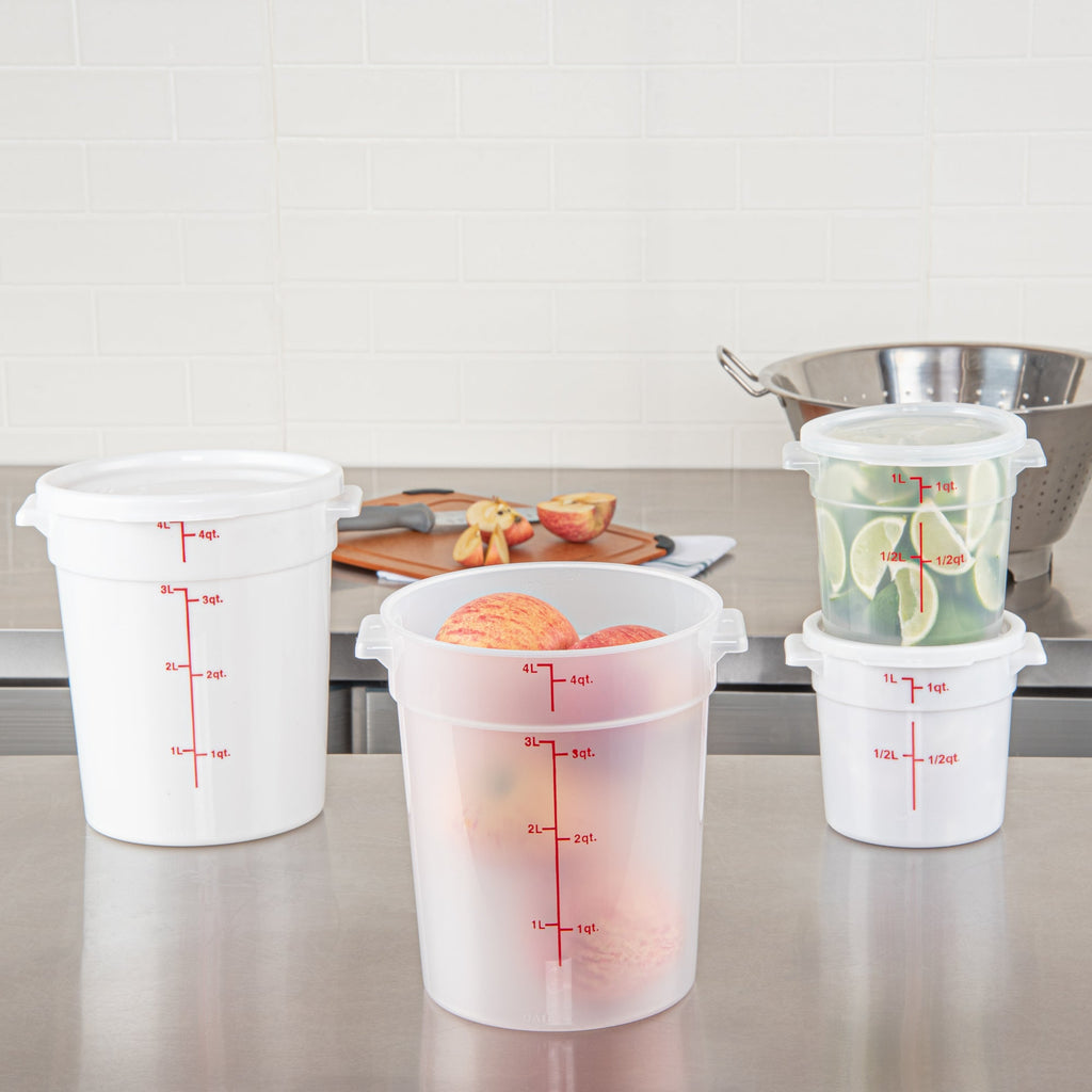 Met Lux 4 qt Round Translucent Plastic Food Storage Container - with Red Volume Markers - 7 1/4" x 7 1/4" x 8 1/2" - 10 count box