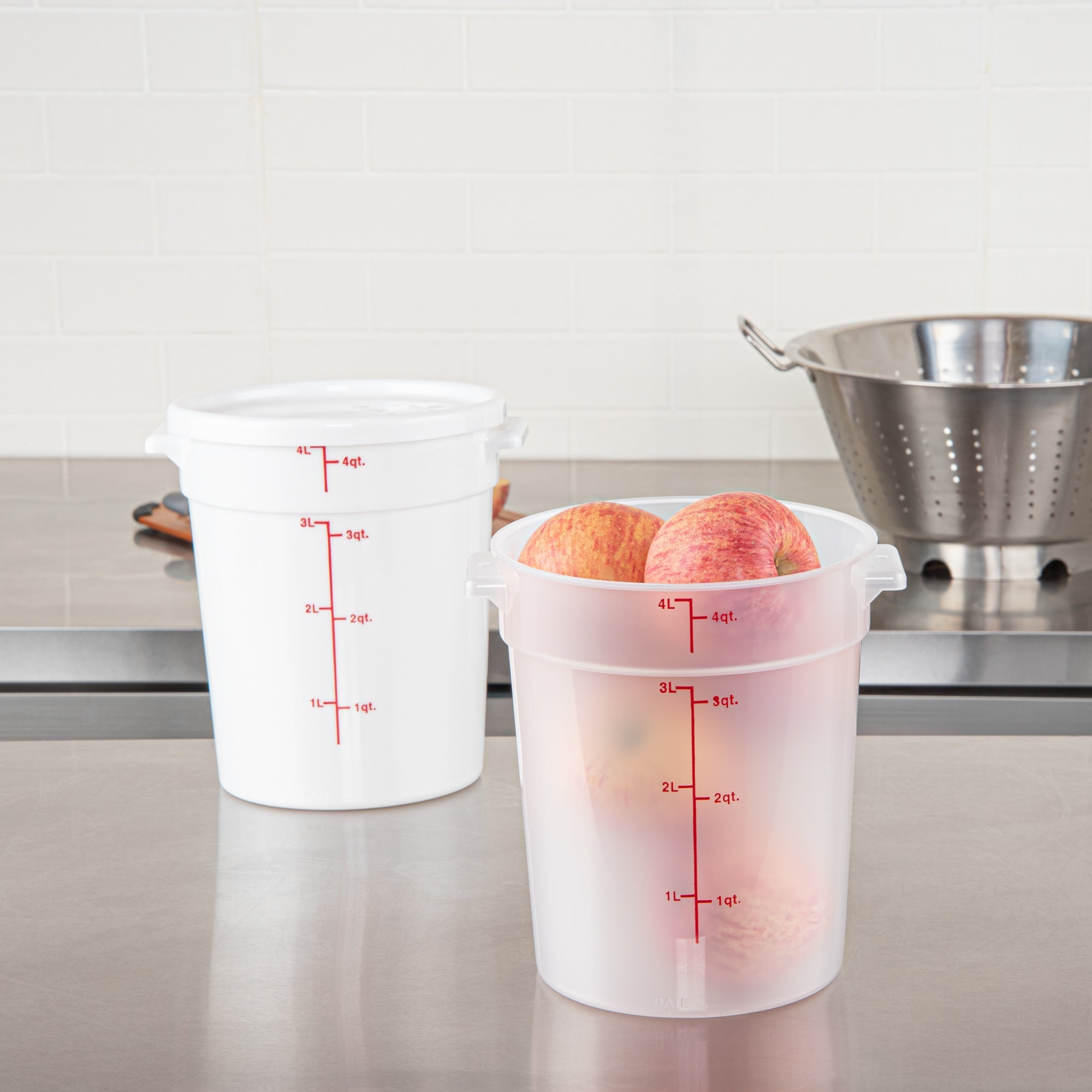 Met Lux 4 qt Round Translucent Plastic Food Storage Container - with Red Volume Markers - 7 1/4" x 7 1/4" x 8 1/2" - 10 count box
