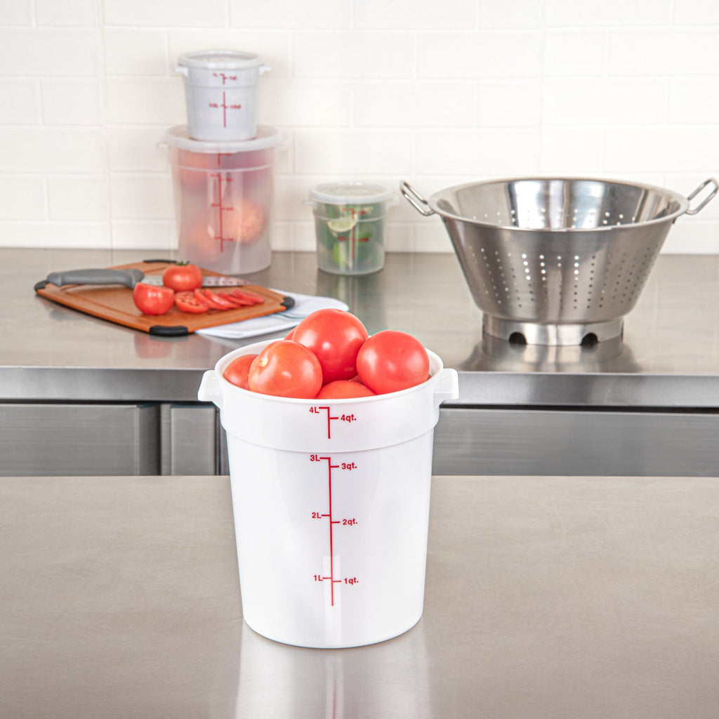 Met Lux 4 qt Round White Plastic Food Storage Container - with Red Volume Markers - 7 1/4" x 7 1/4" x 8 1/2" - 1 count box
