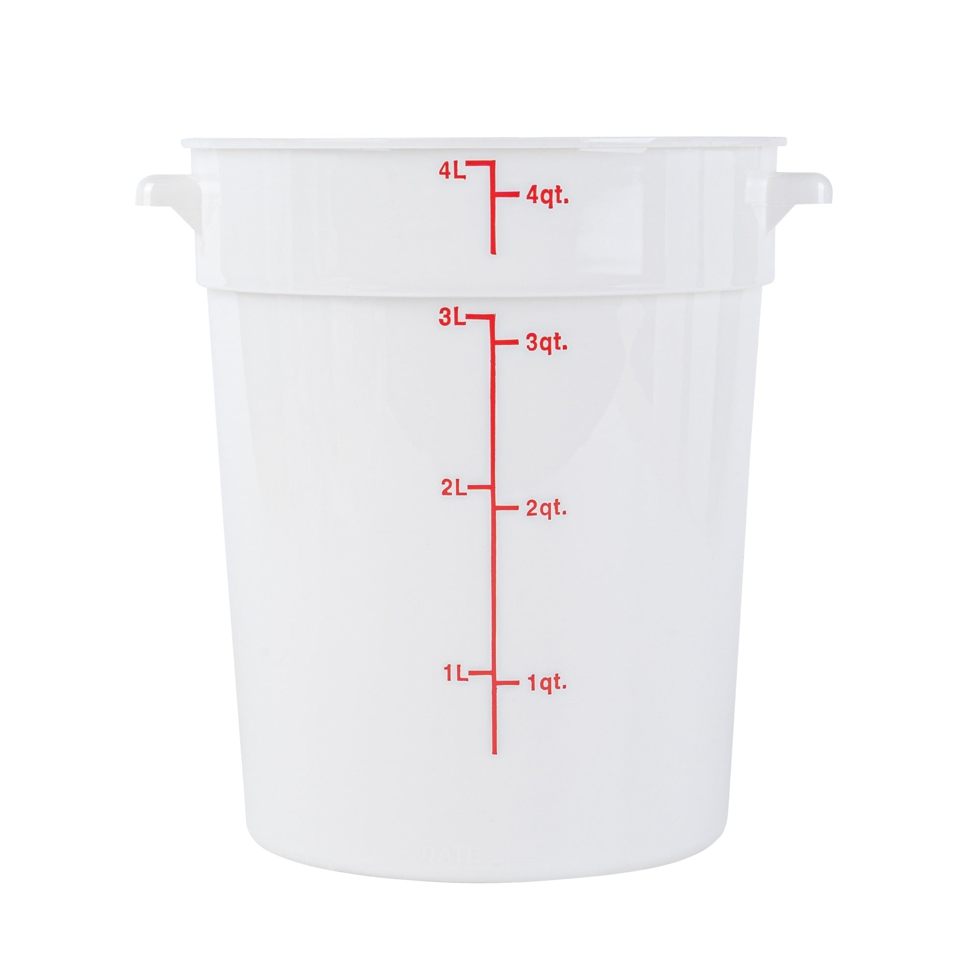 Met Lux 4 qt Round White Plastic Food Storage Container - with Red Volume Markers - 7 1/4" x 7 1/4" x 8 1/2" - 1 count box