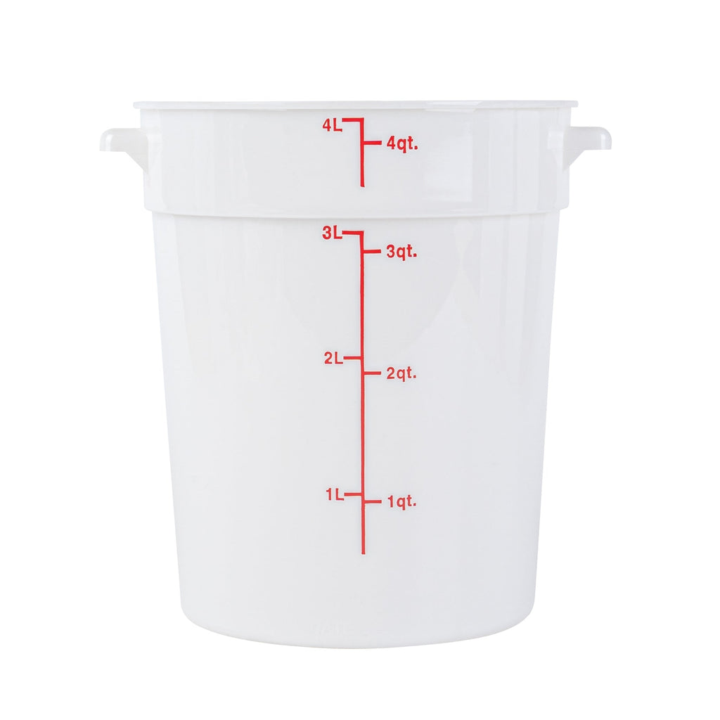 Met Lux 4 qt Round White Plastic Food Storage Container - with Red Volume Markers - 7 1/4" x 7 1/4" x 8 1/2" - 10 count box