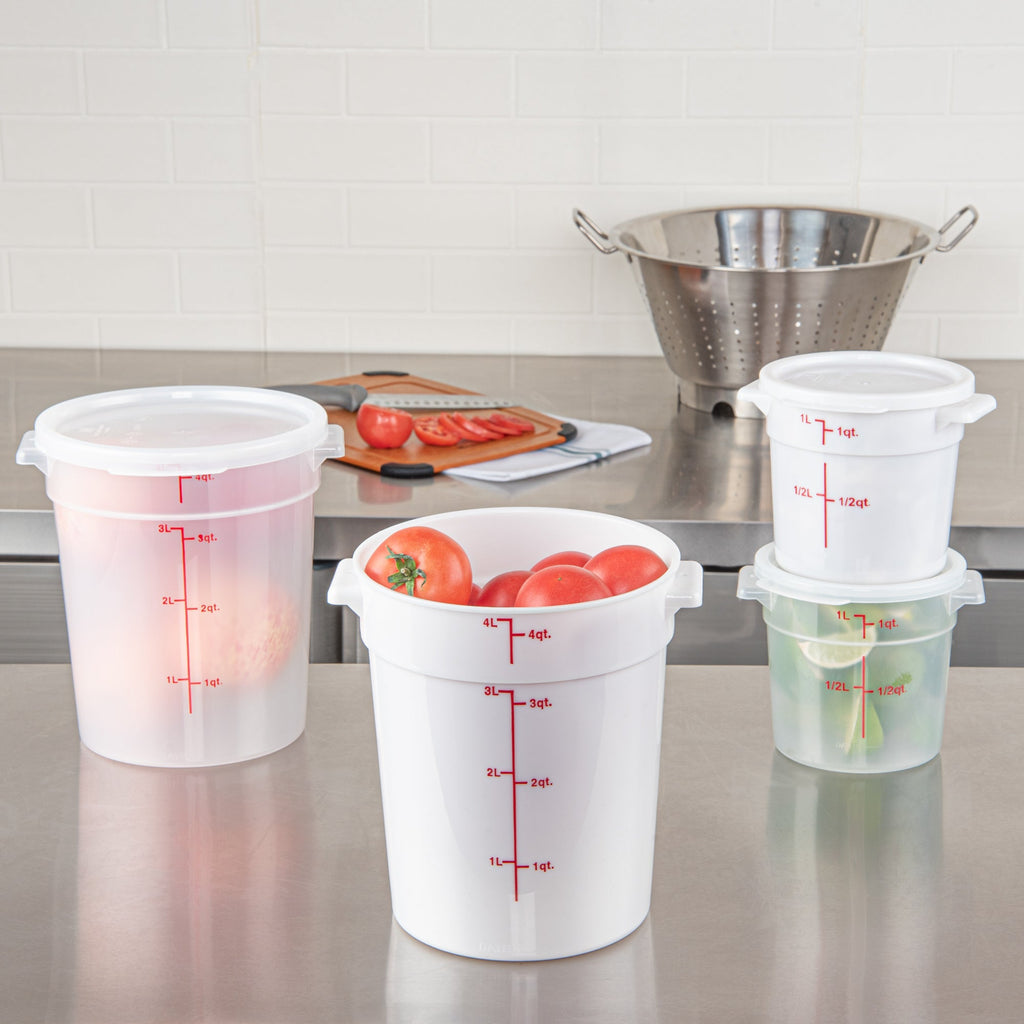 Met Lux 4 qt Round White Plastic Food Storage Container - with Red Volume Markers - 7 1/4" x 7 1/4" x 8 1/2" - 10 count box